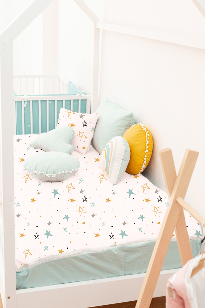 Saco nórdico cama noche estrellada mostaza bajera mint