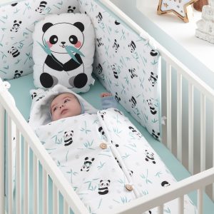 Funda protector cuna Panda reversible mint