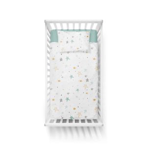 Funda nórdica cuna noche estrellada mostaza reversible mint
